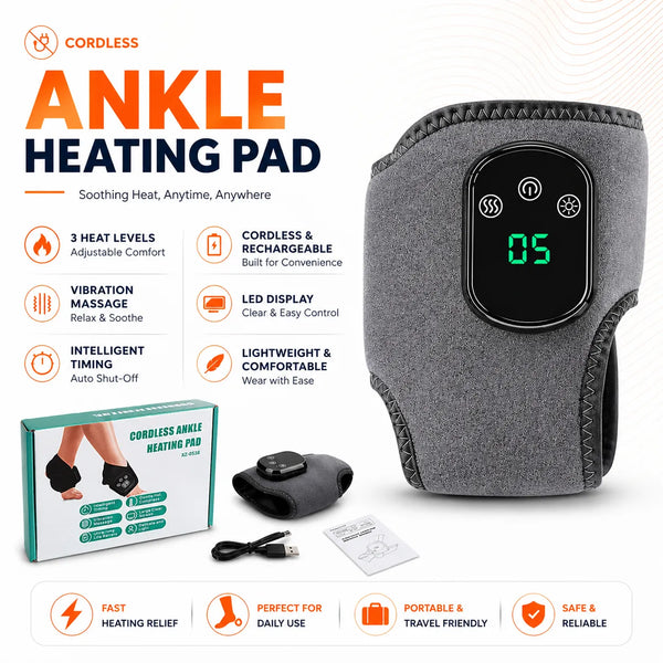 Cordless ankle heating pad set shown on a white promotional background, including the gray fabric heating pad with a black digital control panel, its retail box, a black charging cable, and a small instruction card. Large text highlights features such as adjustable heat, vibration massage, LED display, and lightweight comfort.