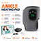 Cordless ankle heating pad set shown on a white promotional background, including the gray fabric heating pad with a black digital control panel, its retail box, a black charging cable, and a small instruction card. Large text highlights features such as adjustable heat, vibration massage, LED display, and lightweight comfort.