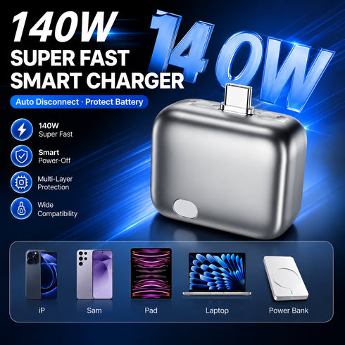 140W super fast smart charger with compatibility icons on a blue background